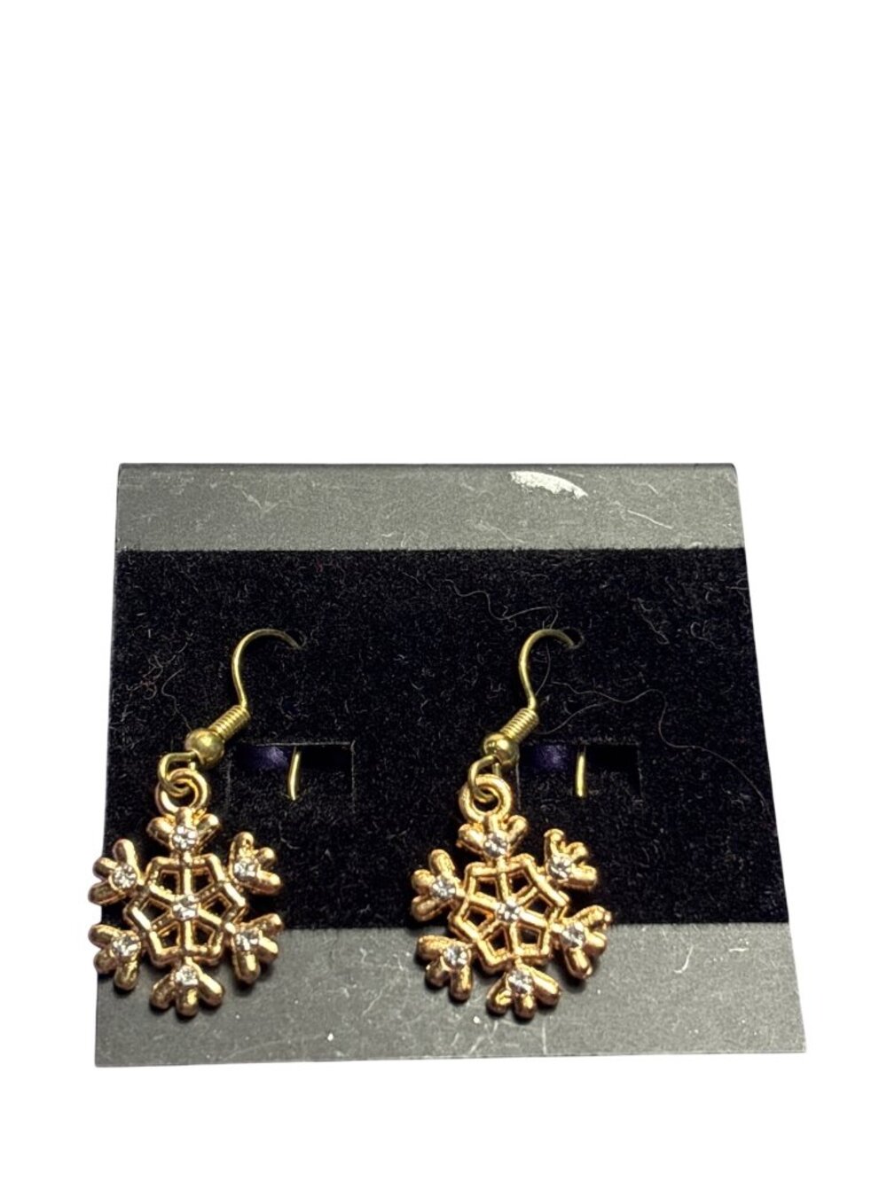 Goldtone Clear Rhinestone Snowflake Dangle Earrings 0.75 inch